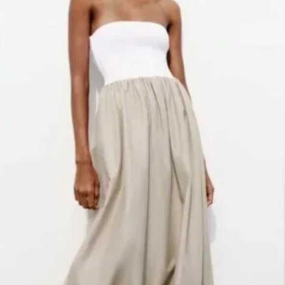 NEW Zara Strapless Tube Top White Beige Balloon Maxi Dress Size Small - Picture 2 of 3